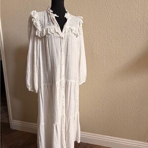 Zara White Eyelet-Trim Dress with Button Front